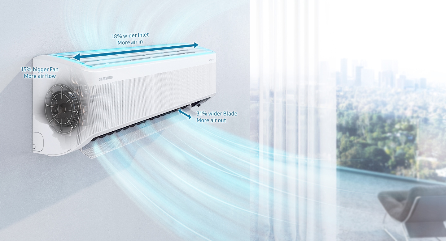 vn-feature-cools-you-faster-535212221 Shows a wall-mounted air conditioner quickly dispersing cool air across a room. It has a 15% bigger fan to increase the air flow, an 18% wider inlet to take in more air and a 31% wider blade to expel more air.