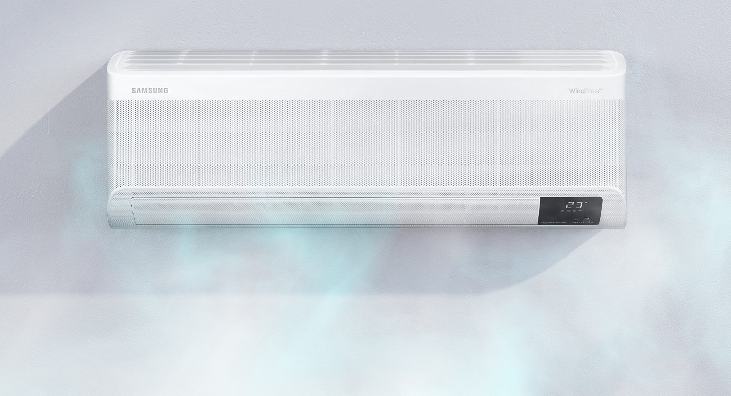 vn-feature-stay-comfortably-cool-535212255 Shows a wall-mounted air conditioner gently and quietly dispersing cool air through WindFree™ Cooling’s 23,000 micro air holes.